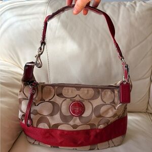 Coach Signature Canvas Shoulder Bag with Red Trim
